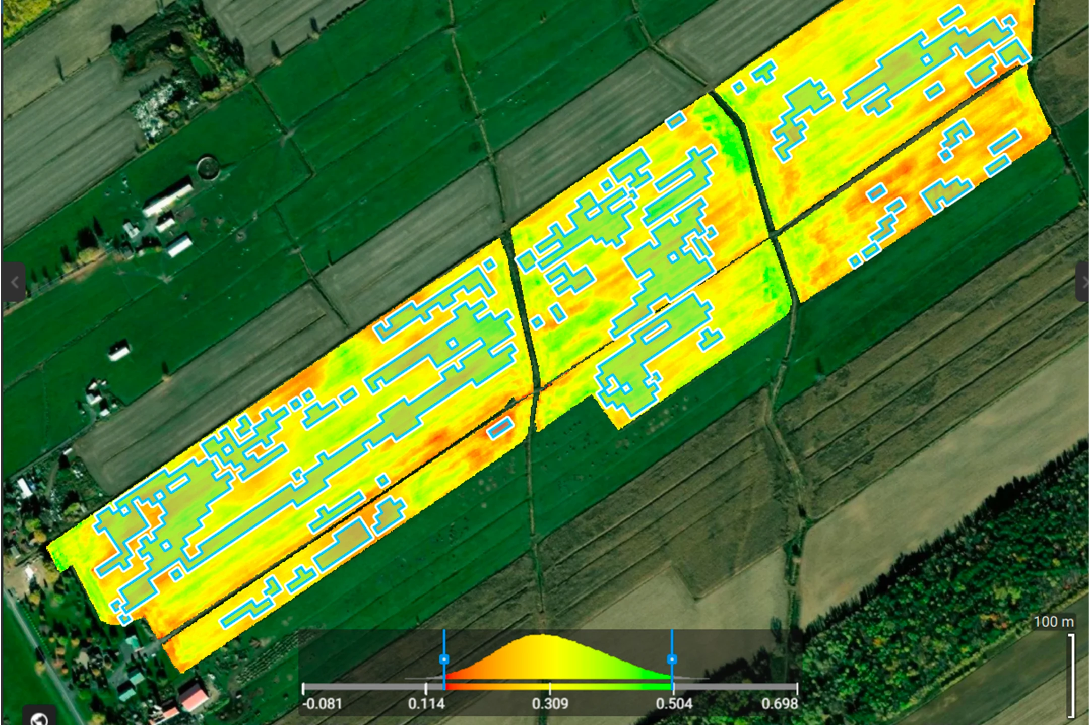 Analyse multispectrale des cultures – carte NDVI des Fermes Overbeek illustrant la vigueur et les zones de stress des plants.