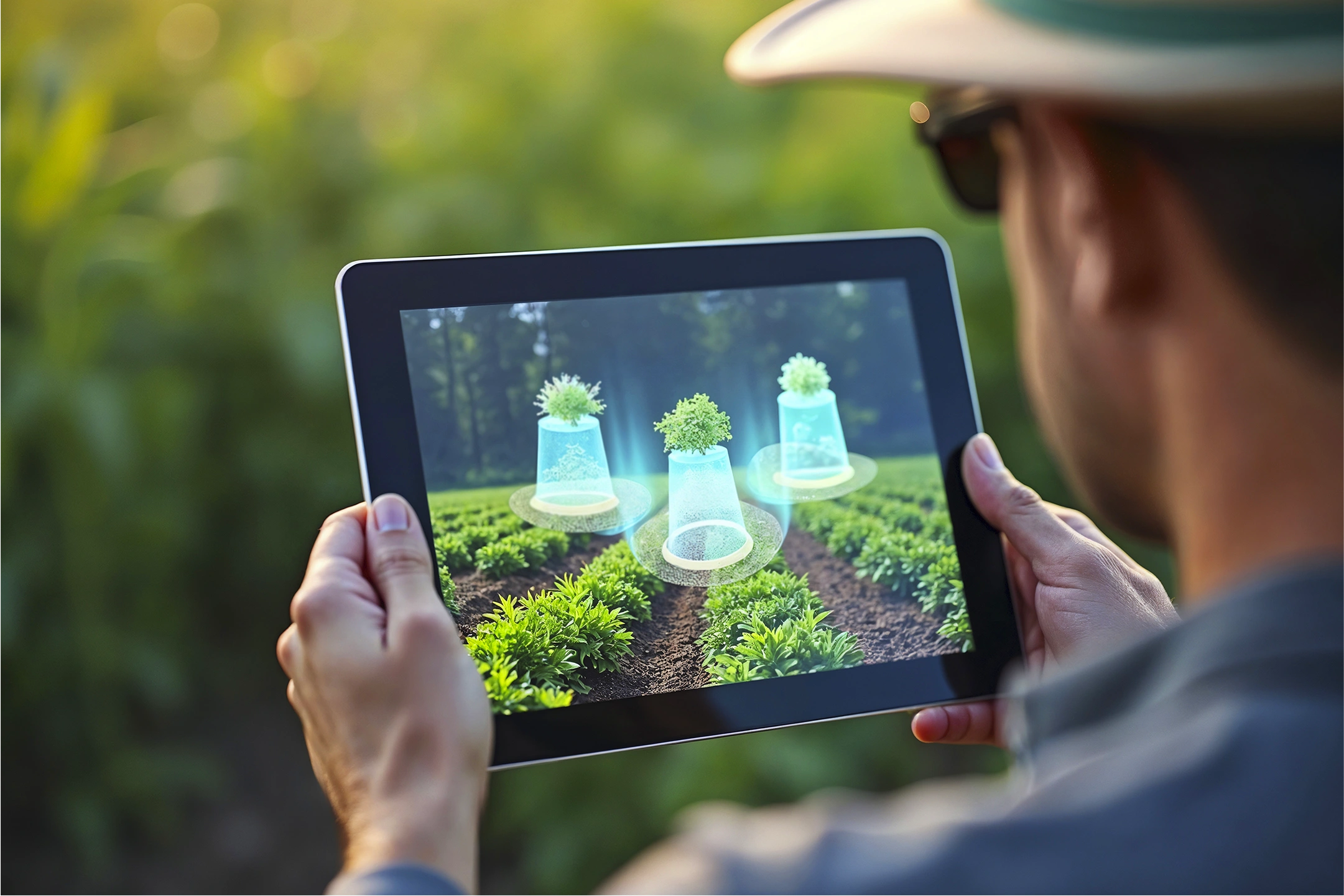 Agriculteur utilisant une tablette avec visualisation numérique pour la gestion des ressources agricoles grâce à la cartographie multispectrale.
